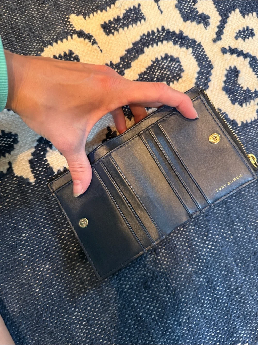 Tory Burch navy Leather Zip Card Wallet with Gold Logo